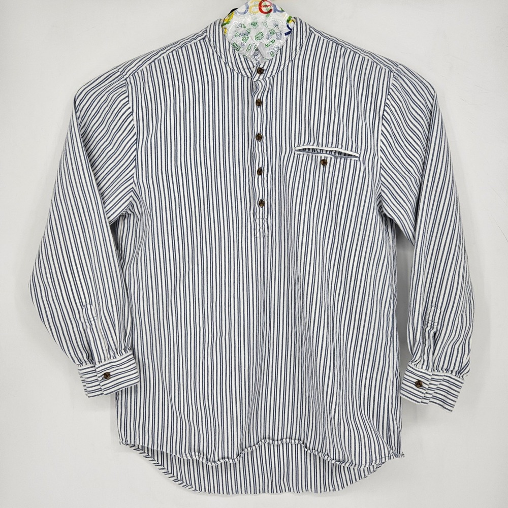 Stauer Grandfather Shirt Mens XL Long Sleeve Mandarin Collar Striped‎ Blue White